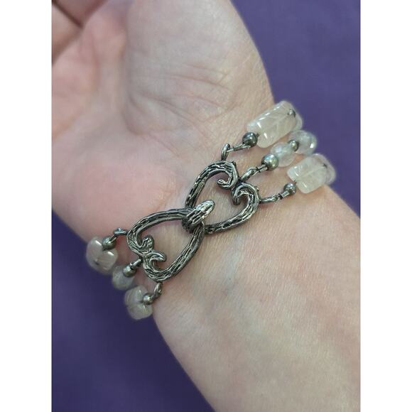 Rare Vintage Bracelet Sterling Silver 925 And Carved Rose Quartz Layered Beads - Picture 9 of 16